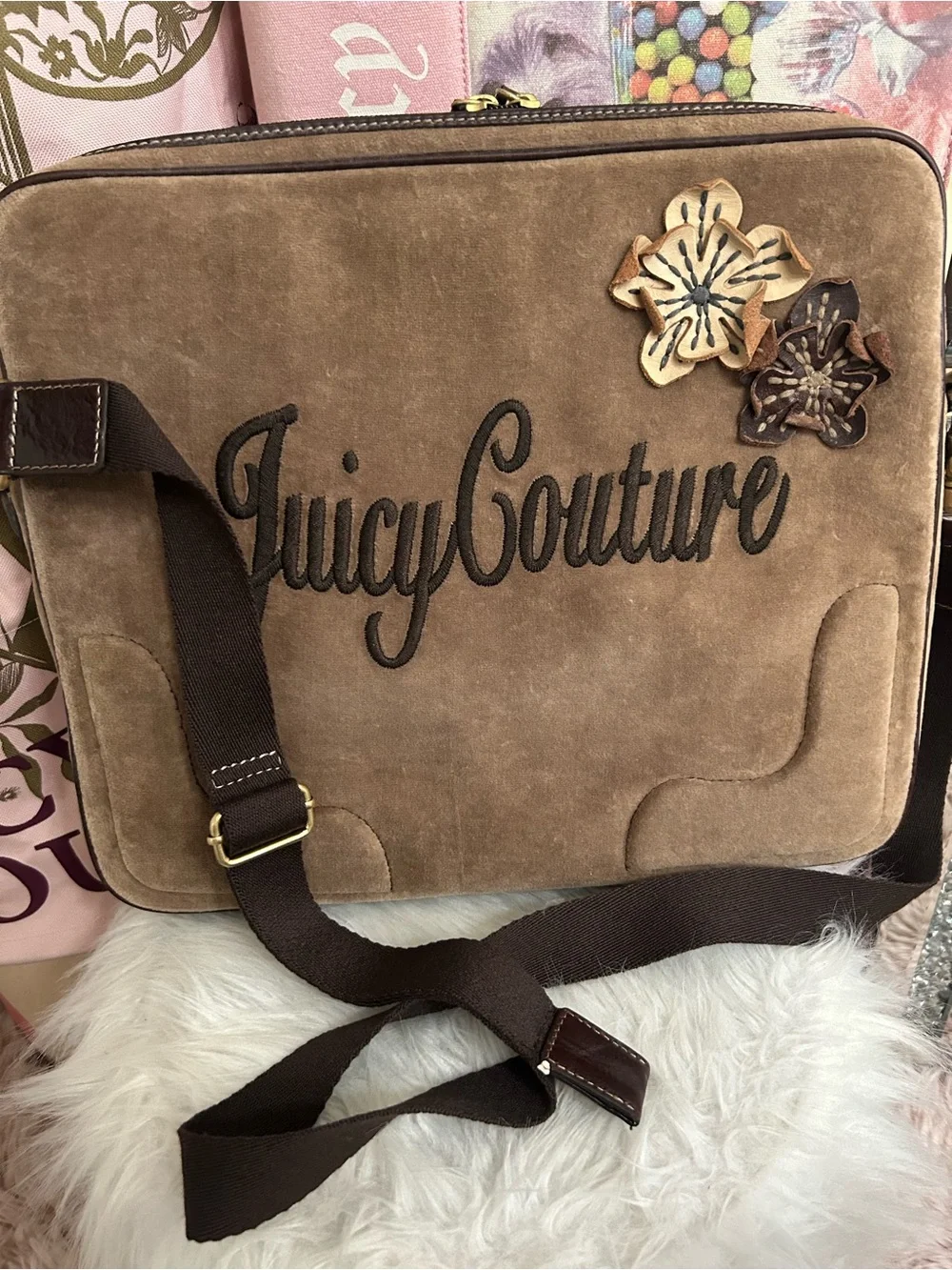 Y2K Vintage 2008 Juicy Couture Brown Velour Laptop Crossbody Bag Floral Logo